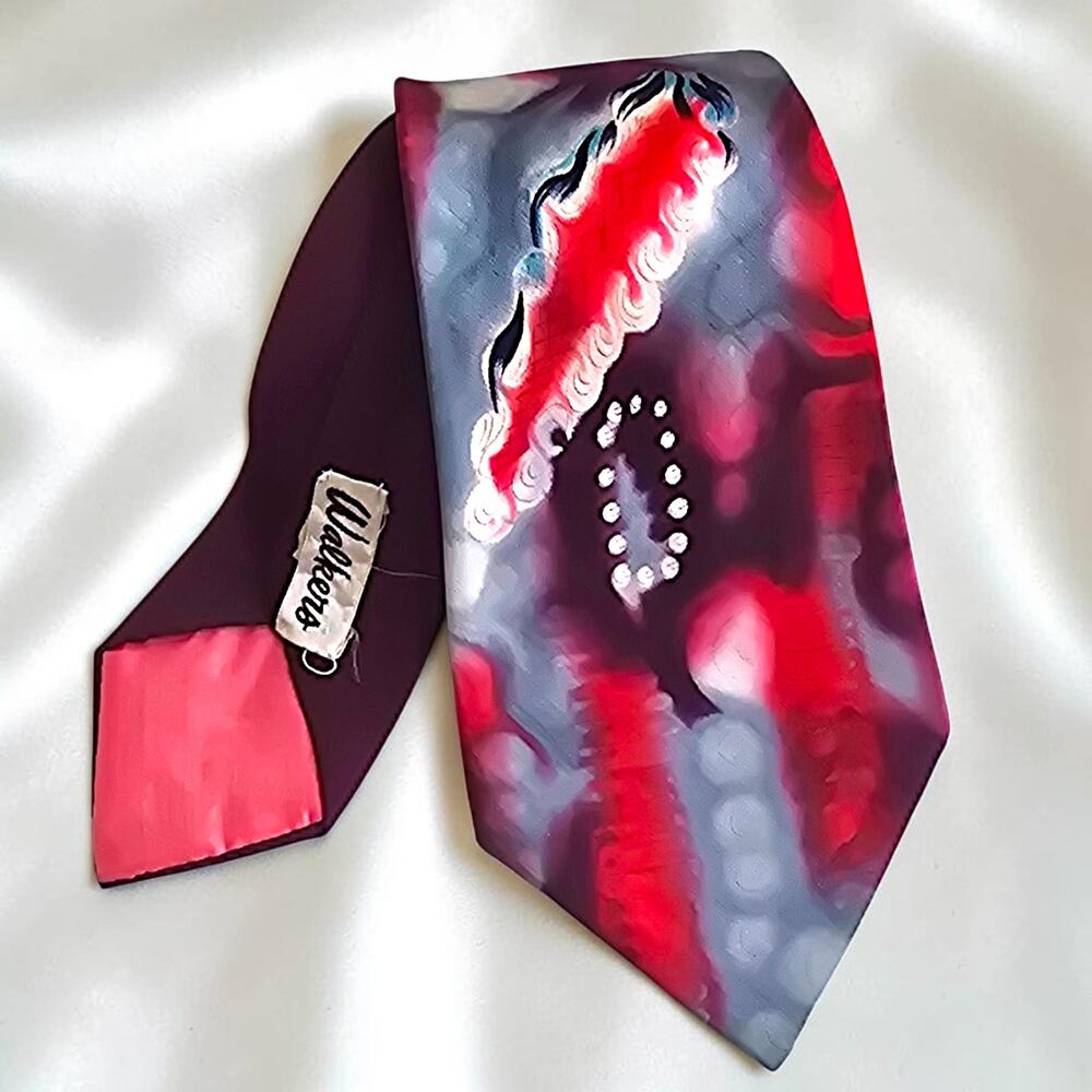 VTG Franklin Silk Walker's Store Atomic Hand Painted Abstract Silk Necktie 54"